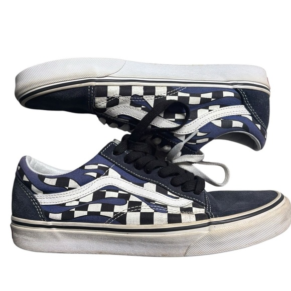 VANS Checker Flame Old Skool Classic Mens Canvas Suede Navy White Size 8.5M 10W - Picture 1 of 14